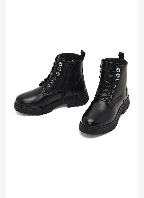 Kadın Siyah Fermuarlı Kalın Tabanlı Deri Postal Bot 25WFD420418 - Görsel 4