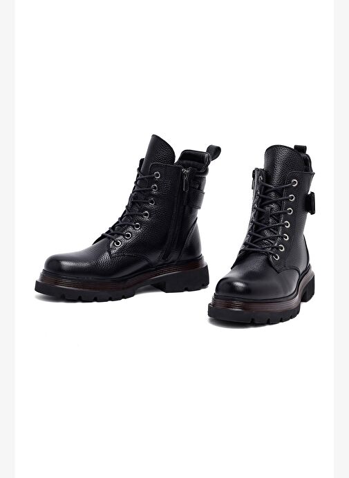 Kadın Siyah Bağcıklı Fermuarlı Deri Postal Bot 25WFD4205FT - Görsel 4