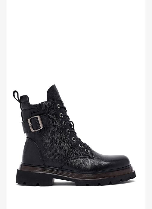 Kadın Siyah Bağcıklı Fermuarlı Deri Postal Bot 25WFD4205FT - Görsel 2