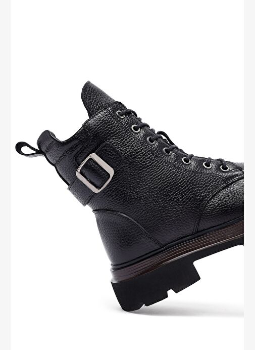 Kadın Siyah Bağcıklı Fermuarlı Deri Postal Bot 25WFD4205FT - Görsel 9