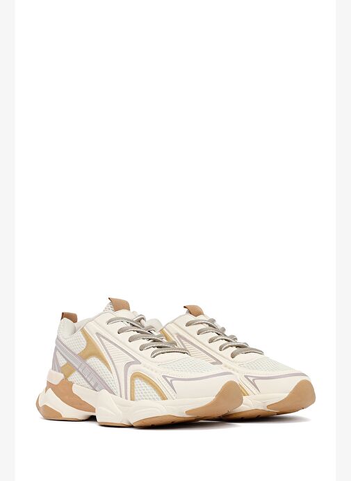 Kadın Krem Bağcıklı Kalın Tabanlı Sneaker 25AFD431114 - Görsel 4