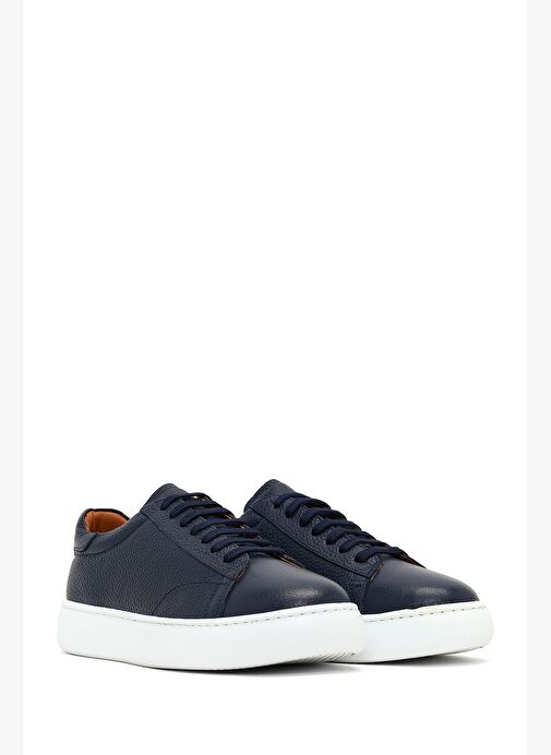 Erkek Lacivert Bağcıklı Kalın Tabanlı Deri Sneaker 25WFD8240FT - Görsel 4