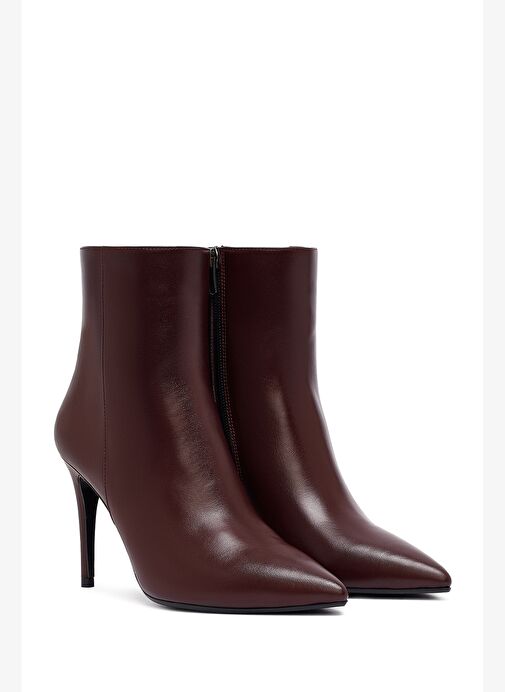 Kadın Bordo Fermuarlı Yüksek İnce Topuklu Deri Bot 25WFD133018 - Görsel 6
