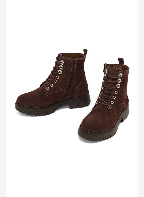 Kadın Kahverengi Fermuarlı Kalın Tabanlı Süet Deri Postal Bot 25WFD420410 - Görsel 4