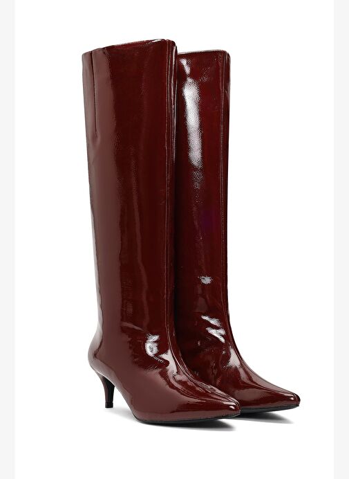 Kadın Bordo Kısa İnce Topuklu Rugan Çizme 25WFE481416 - Görsel 6