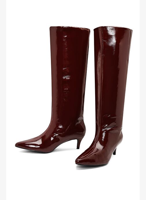 Kadın Bordo Kısa İnce Topuklu Rugan Çizme 25WFE481416 - Görsel 4