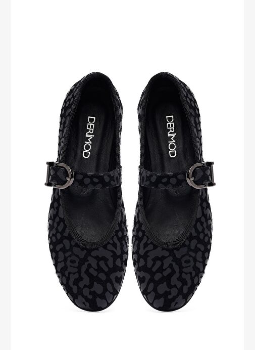 Kadın Siyah Leopar Desenli Tokalı Süet Deri Babet 25AFD201510 - Görsel 8