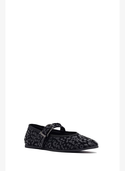 Kadın Siyah Leopar Desenli Tokalı Süet Deri Babet 25AFD201510 - Görsel 7