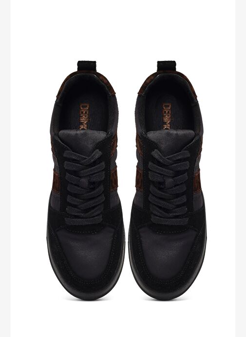 Kadın Siyah Bağcıklı Kalın Tabanlı Desenli Deri Sneaker 25AFD142114 - Görsel 8