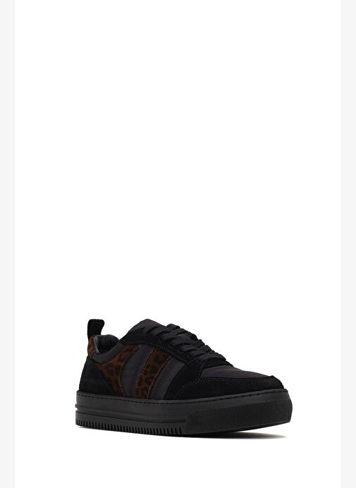 Kadın Siyah Bağcıklı Kalın Tabanlı Desenli Deri Sneaker 25AFD142114 - Görsel 7