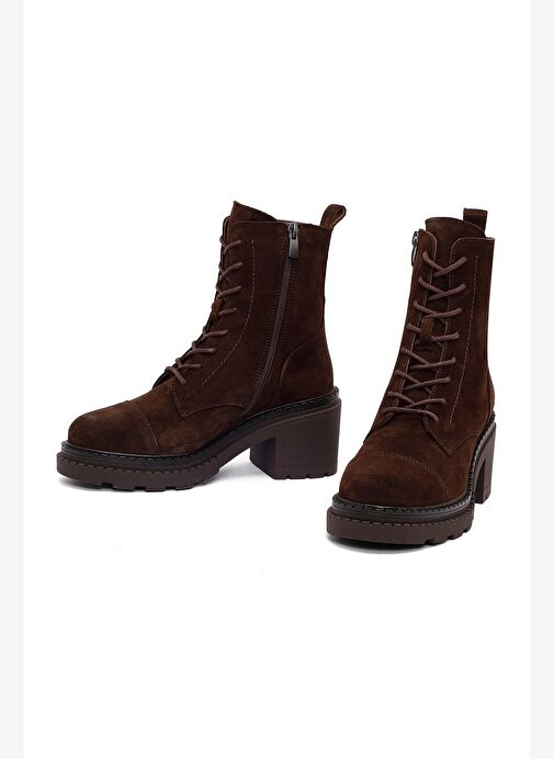 Kadın Kahverengi Fermuarlı Kalın Topuklu Süet Deri Postal Bot 25WFD141110 - Görsel 4