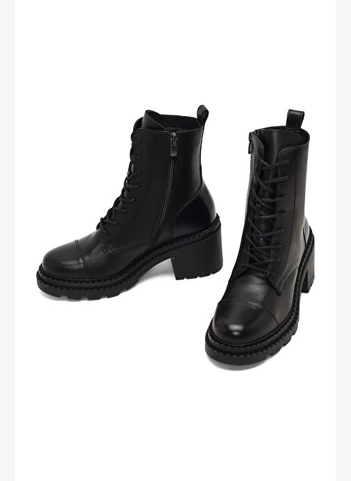 Kadın Siyah Fermuarlı Kalın Topuklu Deri Postal Bot 25WFD141118 - Görsel 4