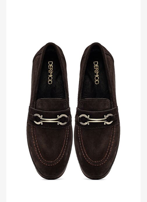 Kadın Kahverengi Tokalı Süet Deri Loafer 25AFD204310 - Görsel 8