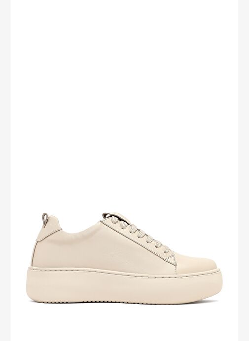 Kadın Bej Bağcıklı Kalın Tabanlı Deri Sneaker 25AFD290218 - Görsel 2