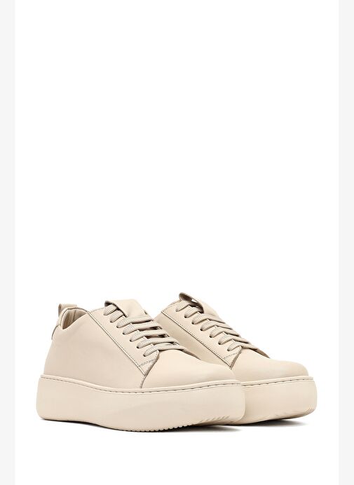 Kadın Bej Bağcıklı Kalın Tabanlı Deri Sneaker 25AFD290218 - Görsel 4