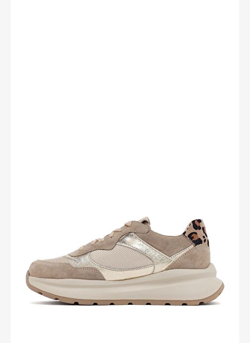 Kadın Bej Bağcıklı Kalın Tabanlı Deri Sneaker 25AFD221014 - Görsel 3