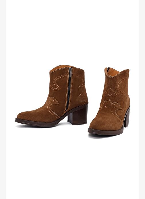 Kadın Taba Kalın Topuklu Süet Deri Kovboy Bot 25AFD221210 - Görsel 4