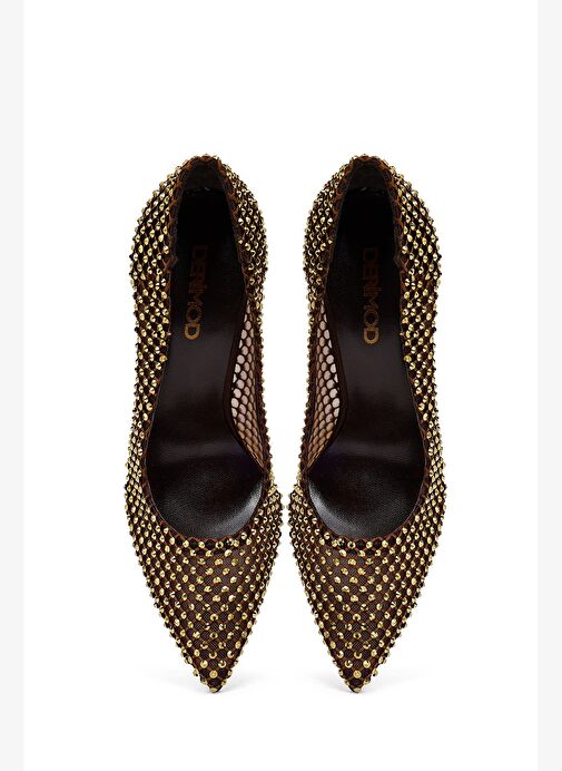 Kadın Bronz Taşlı Yüksek İnce Topuklu Deri Stiletto 25AFD1206TS - Görsel 9