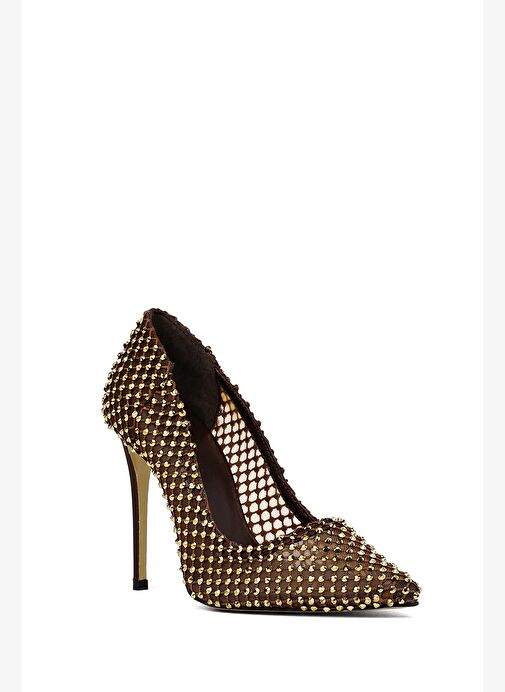 Kadın Bronz Taşlı Yüksek İnce Topuklu Deri Stiletto 25AFD1206TS - Görsel 8