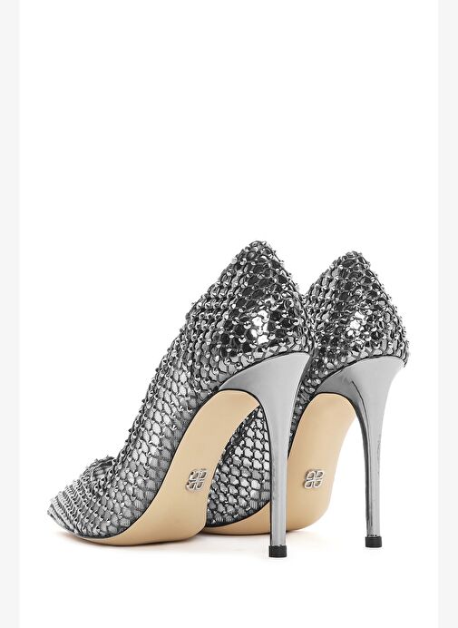 Kadın Gümüş Taşlı Yüksek İnce Topuklu Deri Stiletto 25AFD1206TS - Görsel 8