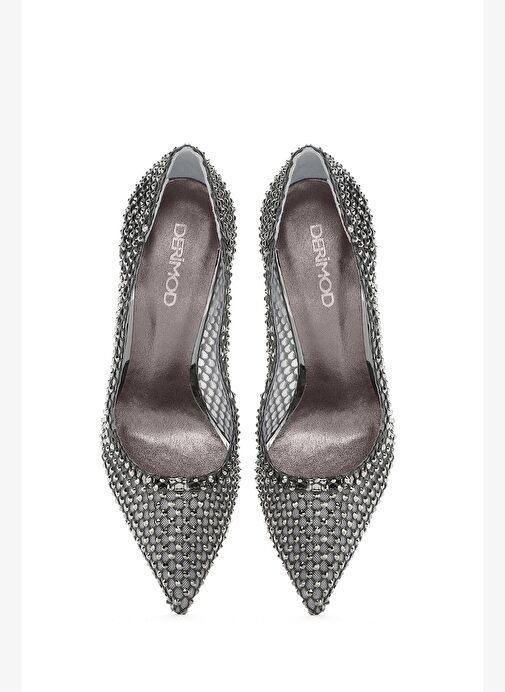 Kadın Gümüş Taşlı Yüksek İnce Topuklu Deri Stiletto 25AFD1206TS - Görsel 9