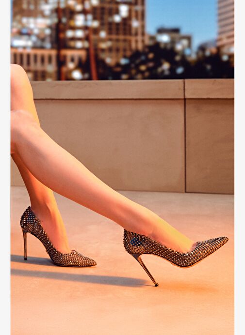 Kadın Gümüş Taşlı Yüksek İnce Topuklu Deri Stiletto 25AFD1206TS - Görsel 3