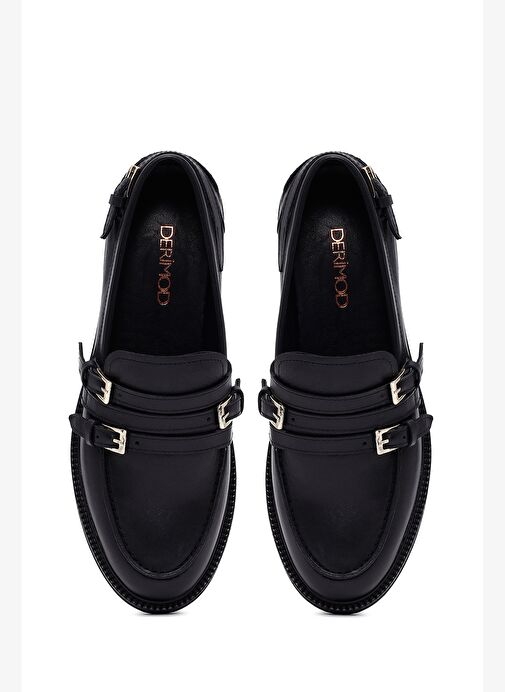 Kadın Siyah Tokalı Deri Maskülen Loafer 25AFD260118 - Görsel 8