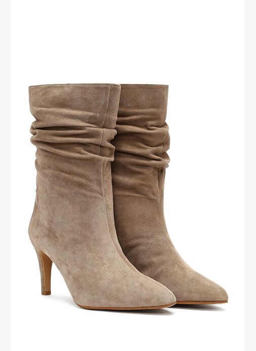 Kadın Bej İnce Topuklu Süet Deri Bot 25AFD160310 - Görsel 6