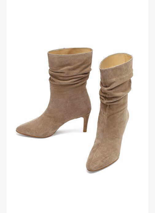 Kadın Bej İnce Topuklu Süet Deri Bot 25AFD160310 - Görsel 4