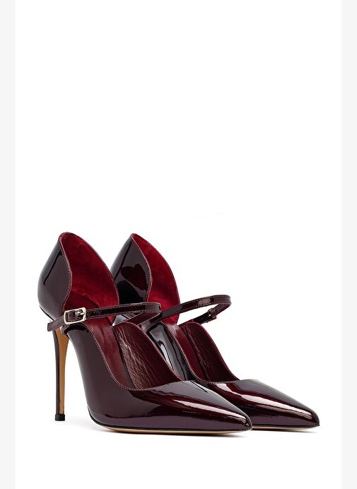 Kadın Bordo Tokalı Yüksek İnce Topuklu Rugan Deri Ayakkabı 25AFD121216 - Görsel 4