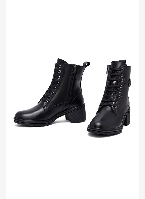 Kadın Siyah Fermuarlı Kalın Topuklu Deri Bot 25WFD413318 - Görsel 4