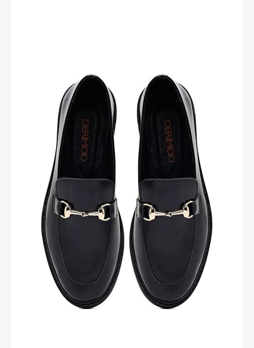 Kadın Siyah Tokalı Deri Maskülen Loafer 25AFD130426 - Görsel 8