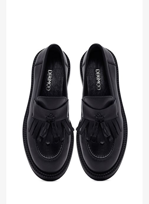 Kadın Siyah Püsküllü Deri Maskülen Loafer 25AFD512318 - Görsel 8