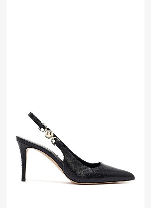 Kadın Siyah Tokalı Arkası Açık Desenli İnce Topuklu Deri Ayakkabı 25AFD120240 - Görsel 2