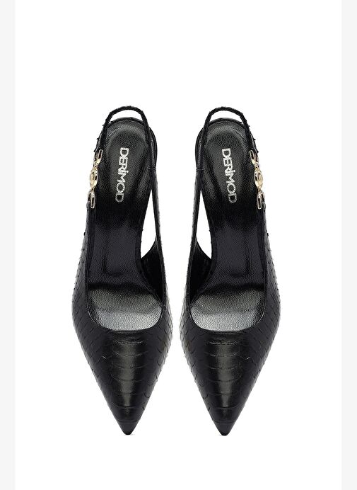 Kadın Siyah Tokalı Arkası Açık Desenli İnce Topuklu Deri Ayakkabı 25AFD120240 - Görsel 9