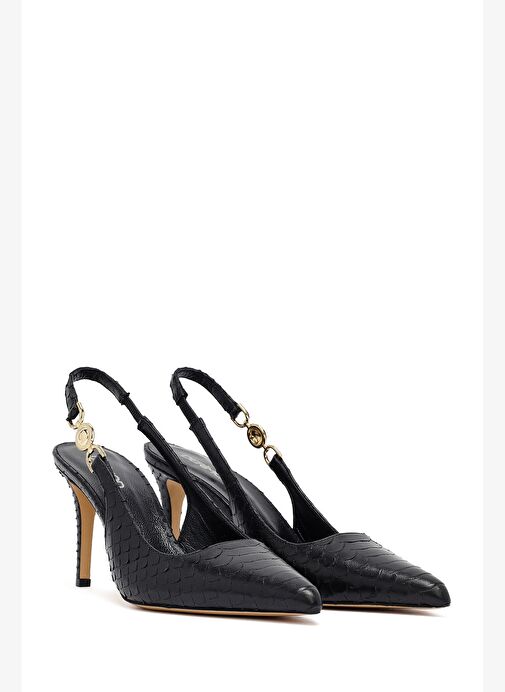 Kadın Siyah Tokalı Arkası Açık Desenli İnce Topuklu Deri Ayakkabı 25AFD120240 - Görsel 4