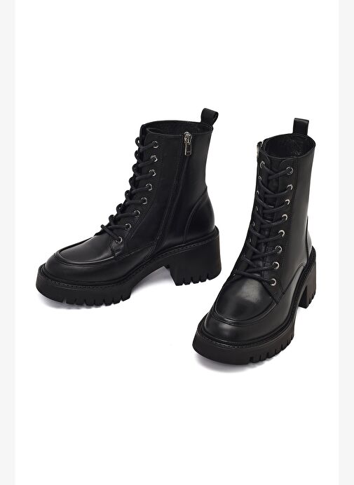 Kadın Siyah Fermuarlı Kalın Topuklu Deri Postal Bot 25WFD230518 - Görsel 3