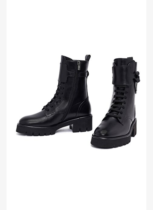 Kadın Siyah Fermuarlı Kalın Tabanlı Deri Postal Bot 25WFD101118 - Görsel 4