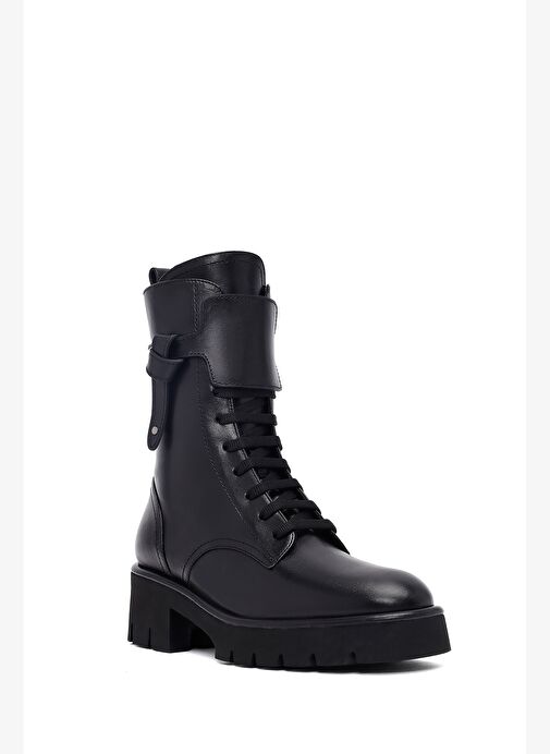 Kadın Siyah Fermuarlı Kalın Tabanlı Deri Postal Bot 25WFD101118 - Görsel 9