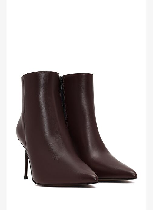 Kadın Bordo Fermuarlı İnce Topuklu Deri Bot 25WFD101218 - Görsel 6