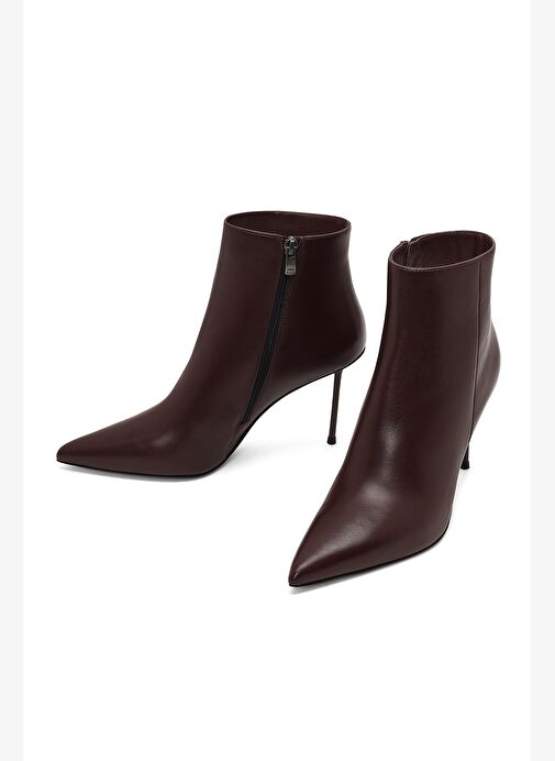 Kadın Bordo Fermuarlı İnce Topuklu Deri Bot 25WFD101218 - Görsel 4