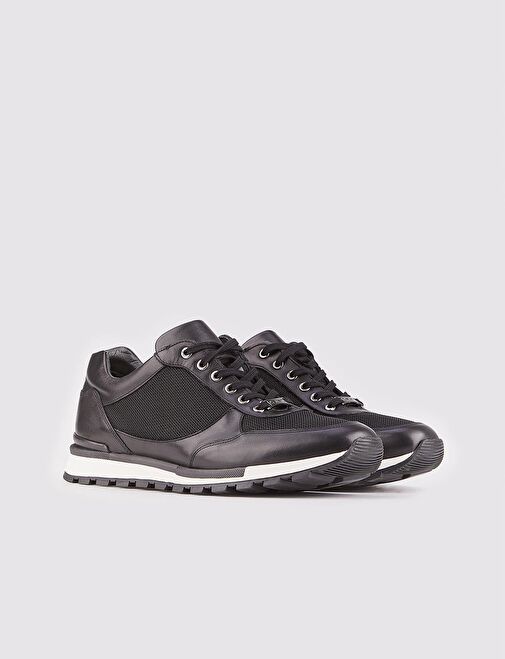 Hakiki Deri Siyah Bağcıklı Deri Kaplamalı Kaymaz Kauçuk Taban Erkek Spor Ayakkabı - Görsel 3