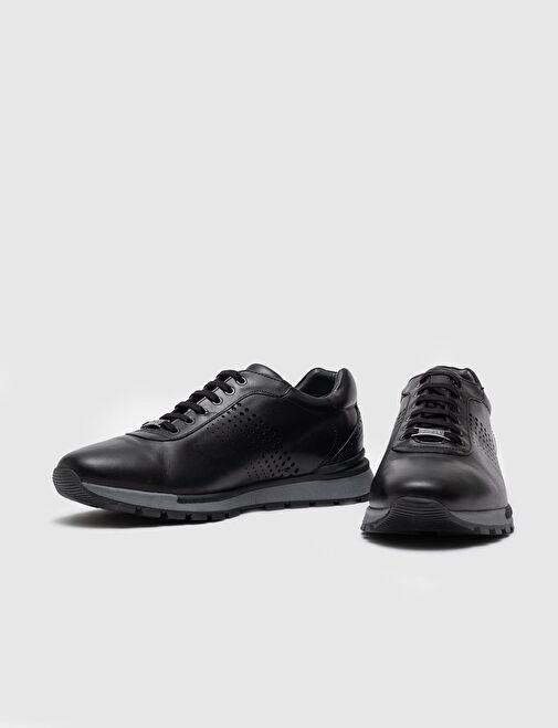 Hakiki Deri Siyah Bağcıklı Erkek Spor Ayakkabı - Görsel 5