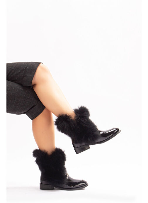 Reina Gerçek Deri Kadın Bot Siyah Rugan Deri Kürklü - Görsel 5