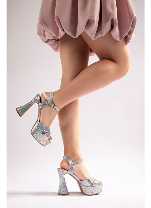 Camelia Kadın Abiye Platform Topuklu Ayakkabı Gümüş Taşlı - Görsel 2