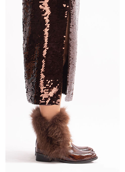 Reina Gerçek Deri Kadın Bot Taba Kroko Deri Kürklü - Görsel 3