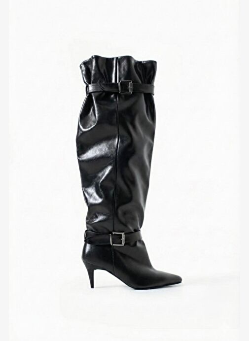 Kadın Siyah Kemer Detaylı Kırışık Rugan Tokalı Uzun Çizme - Görsel 3