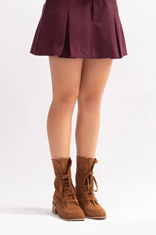 Marian Gerçek Deri Kadın Bot Bağcıklı Taba Süet - Görsel 5