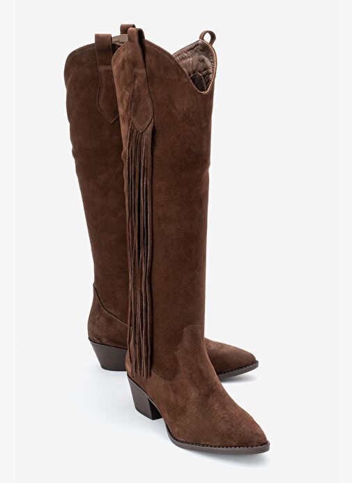 RİOS Kahverengi Hakiki Deri Süet Püsküllü Kadın Kalın Topuklu Çizme - Görsel 2