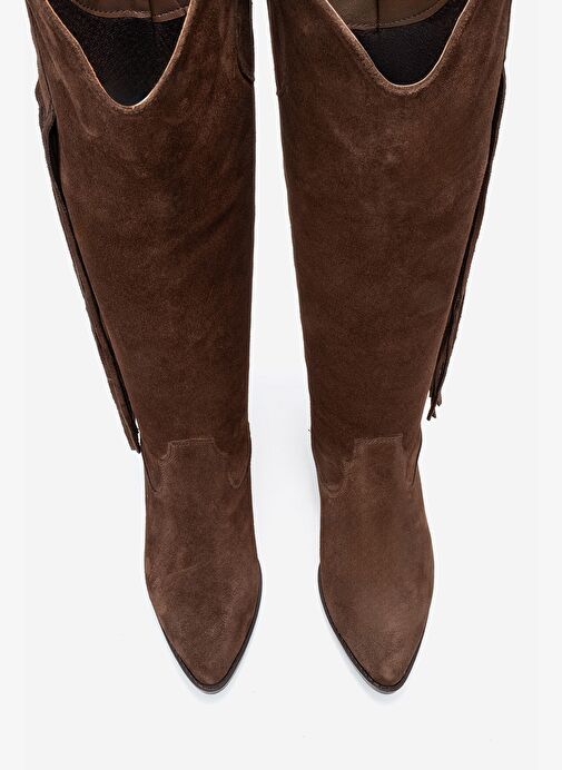 RİOS Kahverengi Hakiki Deri Süet Püsküllü Kadın Kalın Topuklu Çizme - Görsel 3